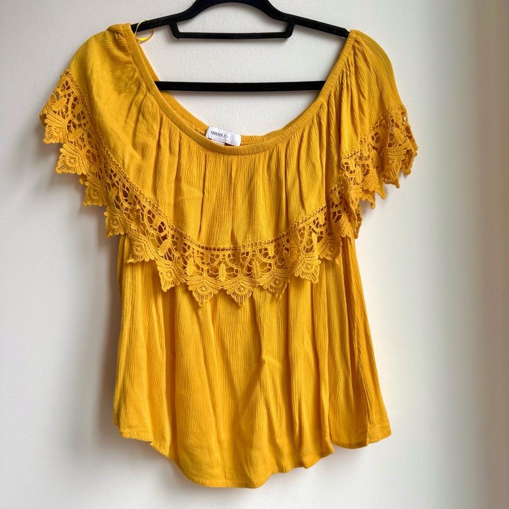 Forever 21 Mustard Yellow Lace Trim Boho Off Shoulder Blouse Plus 1X